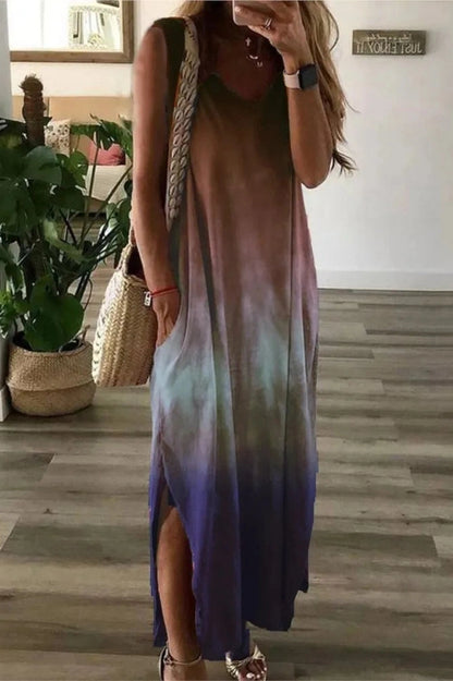 Printed Sleeveless V-Neck Maxi Dress