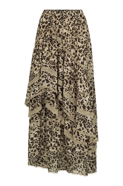 Leopard Printed Ruffled Patchwork Maxi Skirt