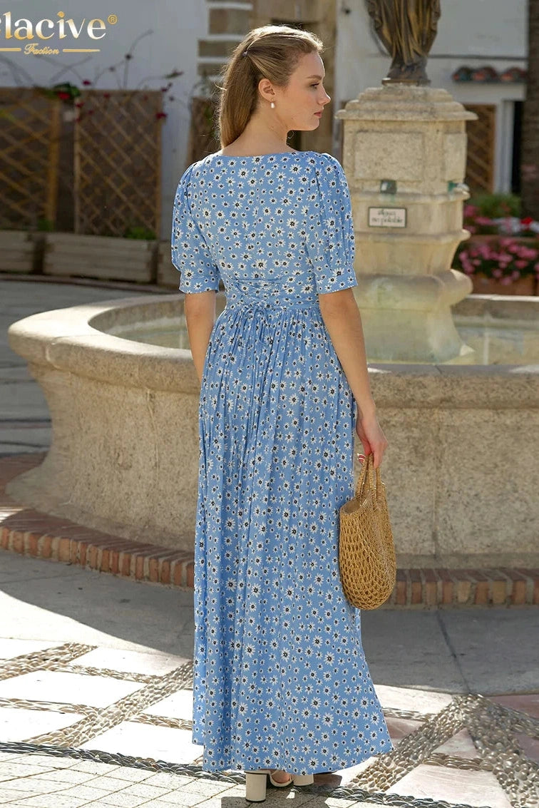 Elegant U-Neck Short Sleeve Maxi Dress