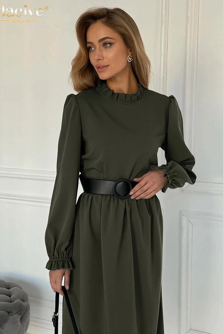 O-Neck Long Sleeve Midi Dress