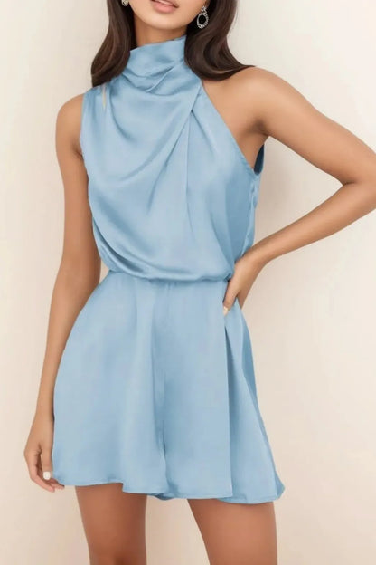 Sleeveless Satin Mock Neck Mini Dress