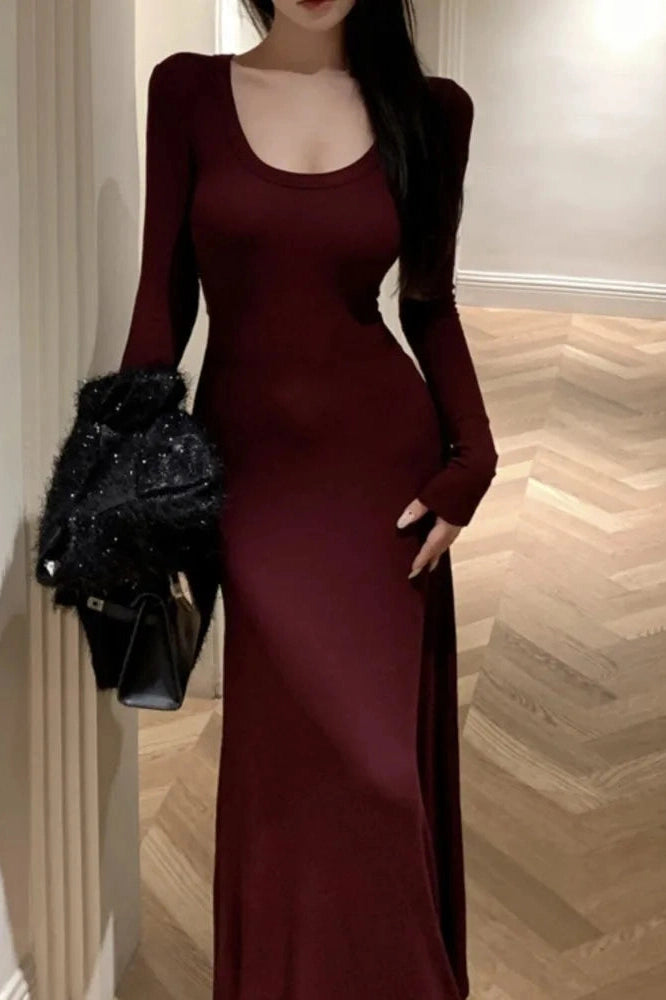 U-Neck Long Sleeve Maxi Dress