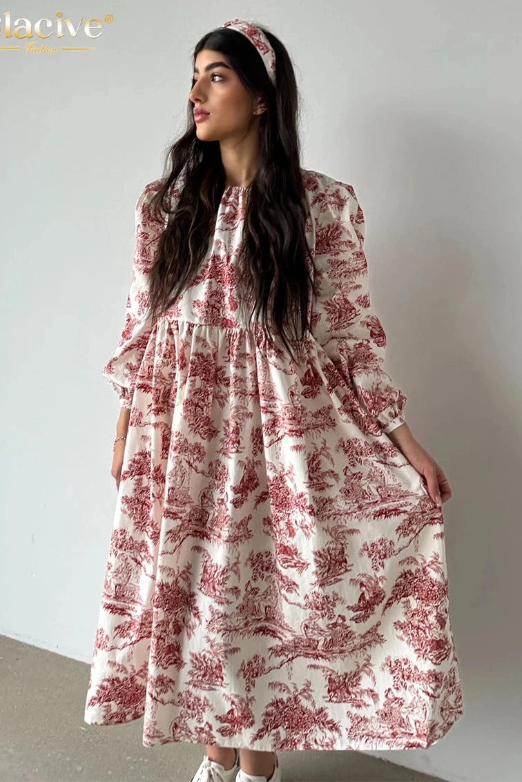 Print O-Neck Puff Sleeve Midi Dress