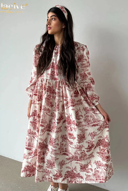 Print O-Neck Puff Sleeve Midi Dress