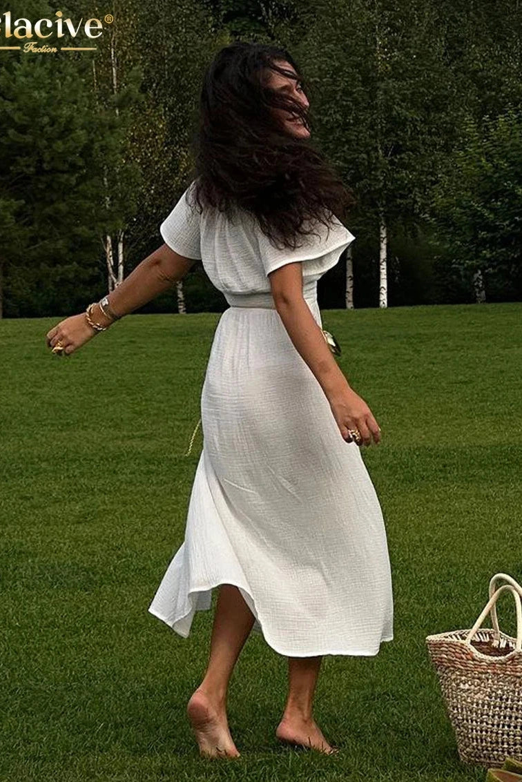 Cotton V-Neck Short Sleeve Midi Dress