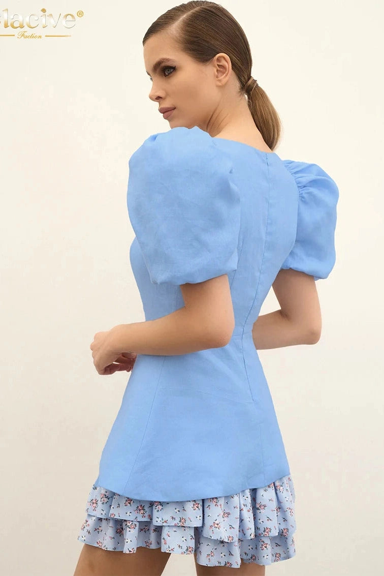 Square Collar Short Sleeve Mini Dress