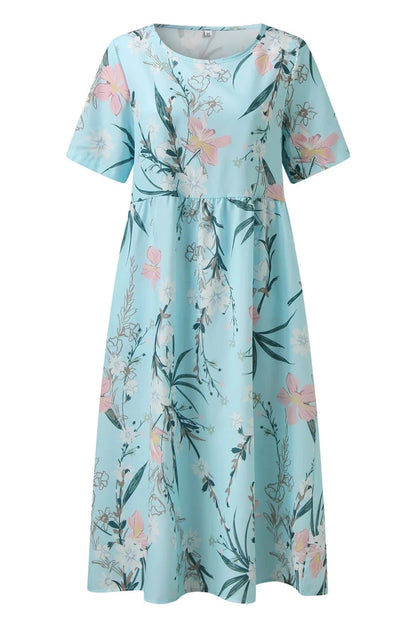 Printed Round Neck Short Sleeve Midi Dress