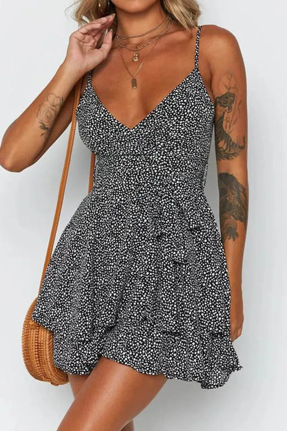 Deep V-Neck Dot Print Mini Dress