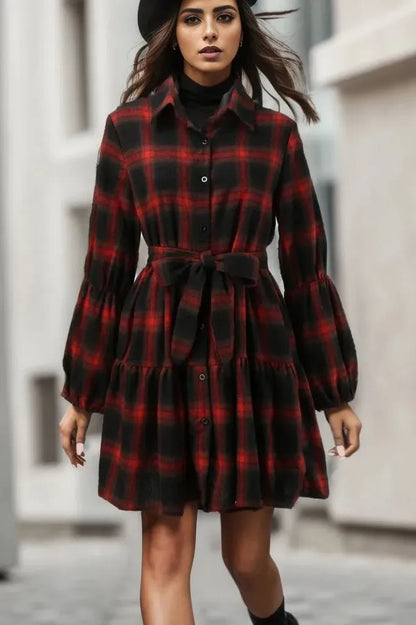 Elegant Long Sleeve Plaid Midi Dress