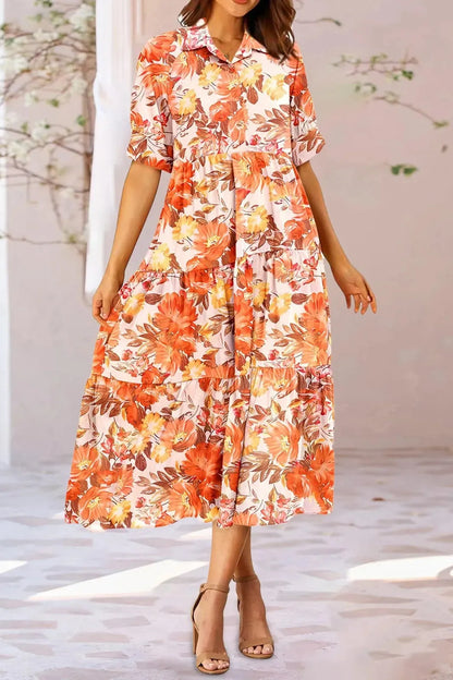 Short Sleeve Floral Print Midi Dress