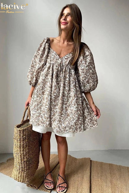 Print V-Neck Short Sleeve Mini Dress