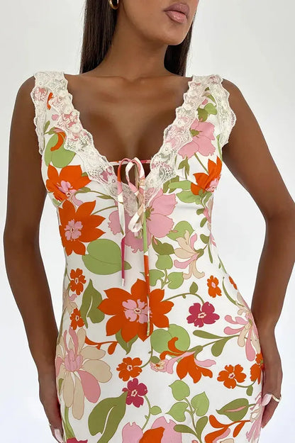 Floral Printed V Neck Backless Maxi Dress