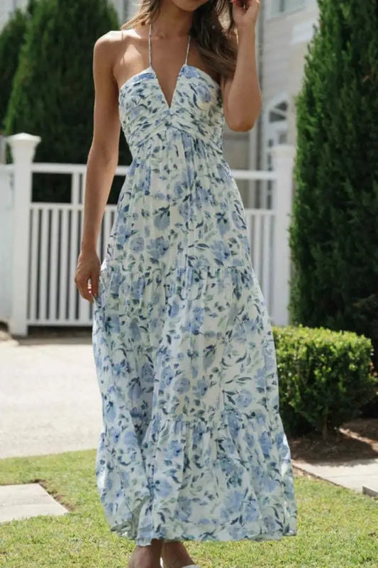 Chiffon Halter V Neck Sleeveless Floral A Line Maxi Dress