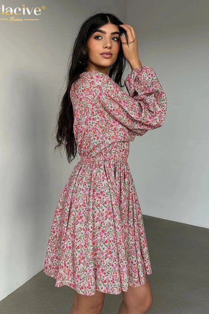 Print O-Neck Puff Sleeve Mini Dress