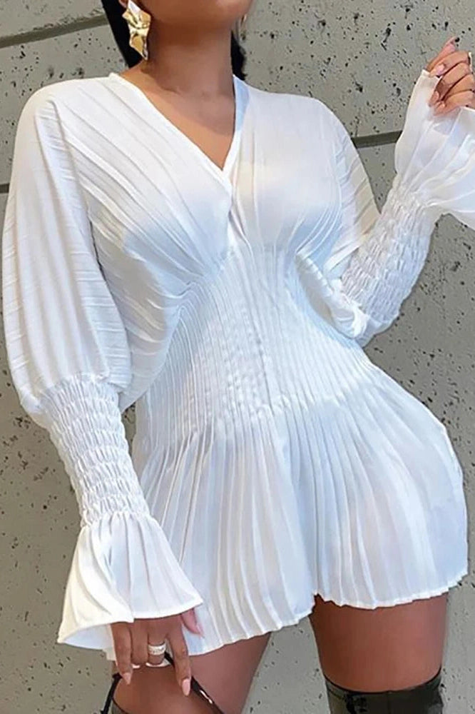 V-Neck Long Sleeve Pleated Mini Dress