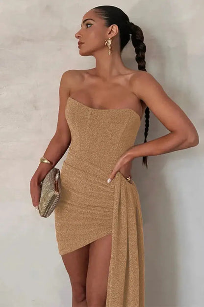Off-Shoulder Lace-Up Ruched Mini Dress