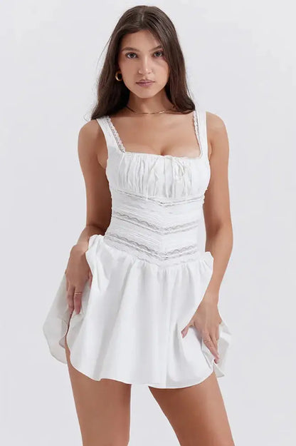 White Spaghetti Strap Lace-Up A-Line Mini Dress
