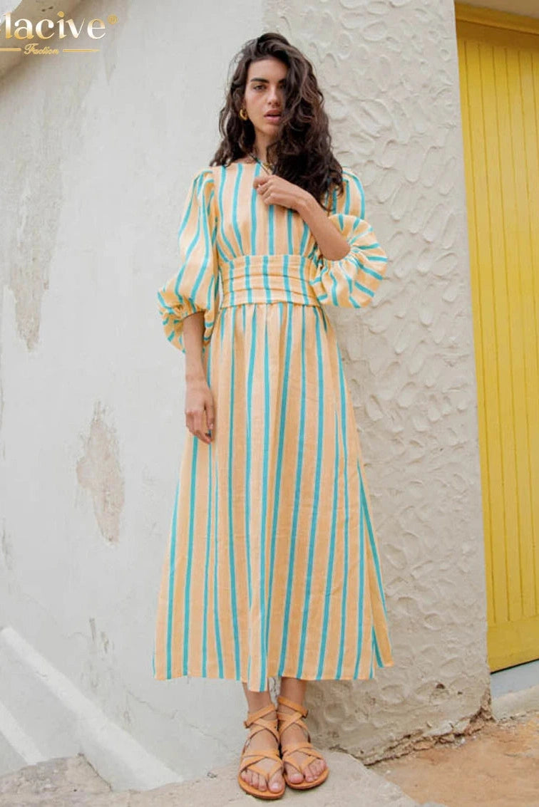 Print O-Neck Puff Sleeve Maxi Dress