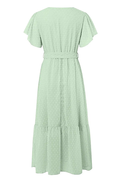 V-Neck Belted A-Line Pleated Maxi Dress