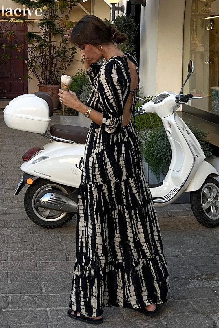 Print V-Neck Long Sleeve Maxi Dress