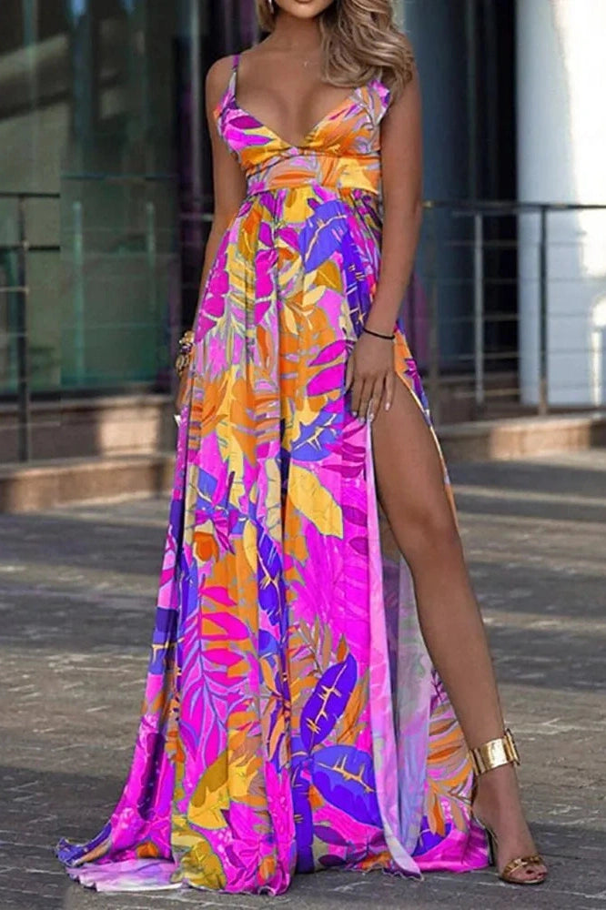 Printed Deep V-Neck Backless Maxi Dress