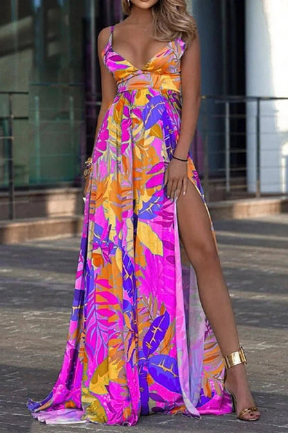 Printed Deep V-Neck Backless Maxi Dress