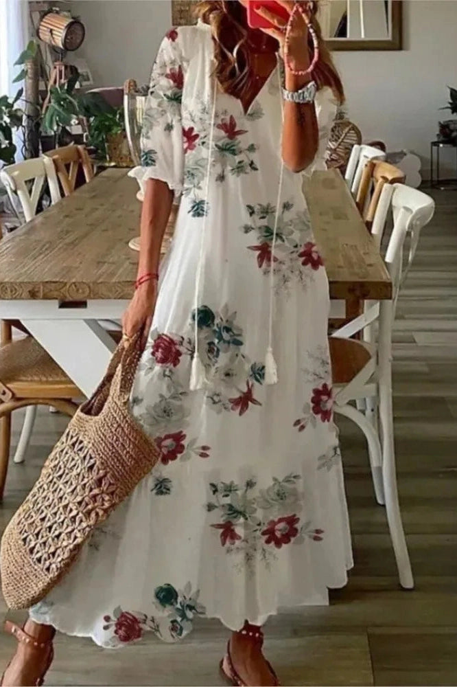 Printed V-Neck Half-Sleeve Maxi Dress