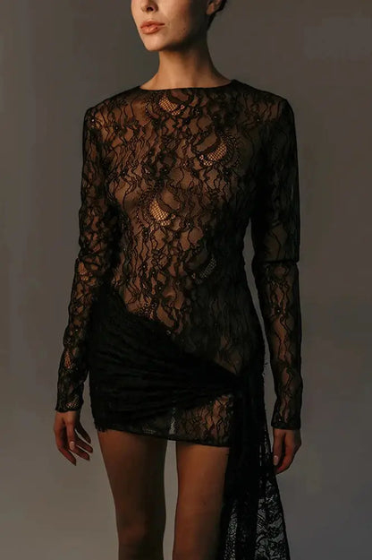Sheer Lace O-Neck Ruched Mini Dress