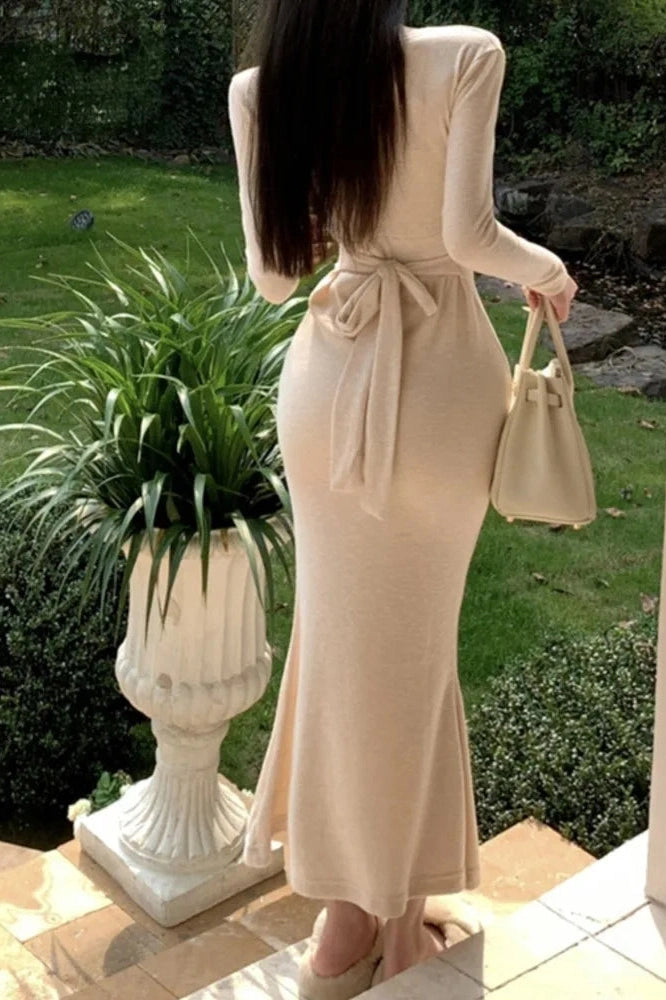 Elegant Lace-Up V-Neck Midi Dress