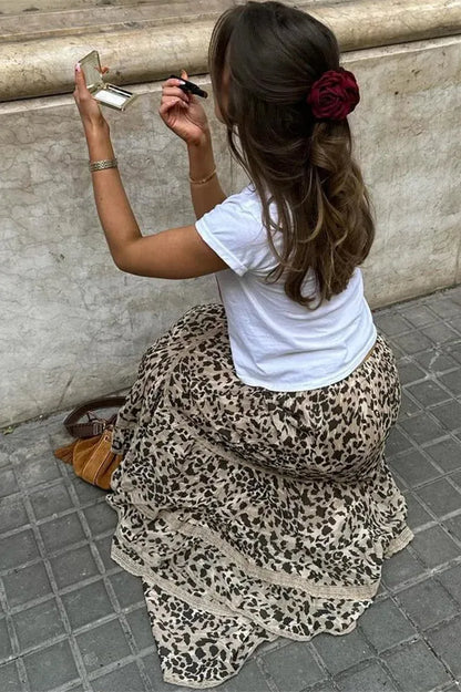 Leopard Printed Ruffled Patchwork Maxi Skirt