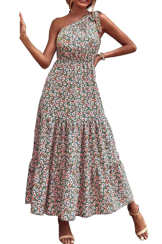 Print One Shoulder Ruffled Maxi Dress