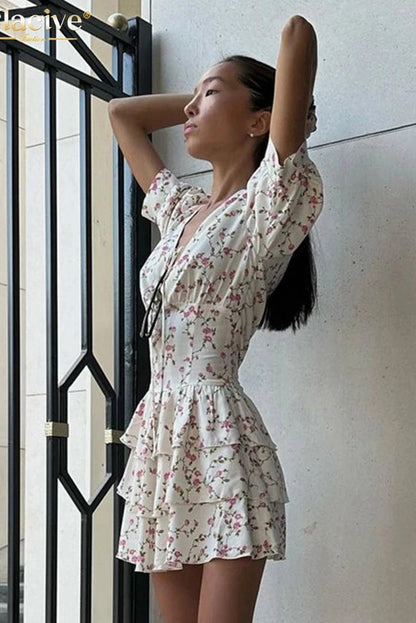 Print V-Neck Short Sleeve Mini Dress