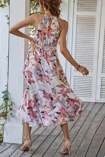 Sleeveless Halter Floral Print Maxi Dress