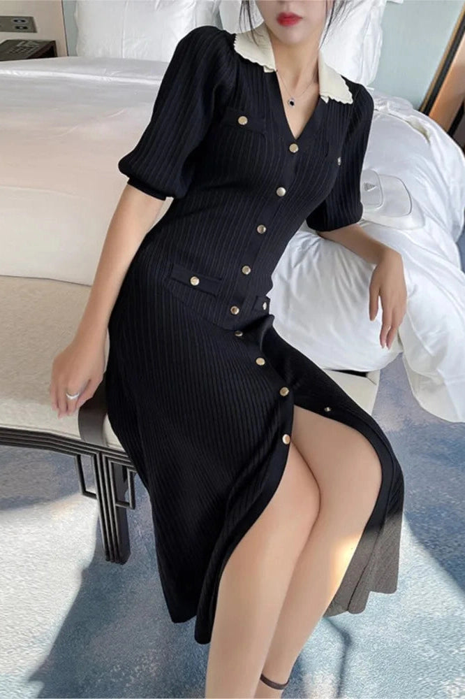 Elegant V-Neck Puff Sleeve Midi Dress