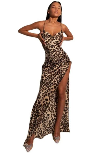 Leopard Print Metal Chain Maxi Dress