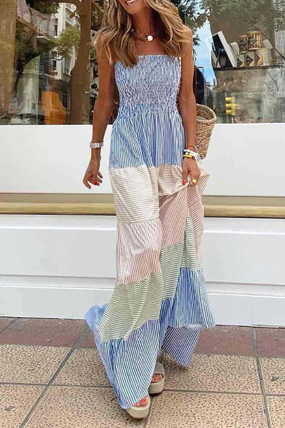 Long Sleeve Patchwork Pleated Maxi Dress