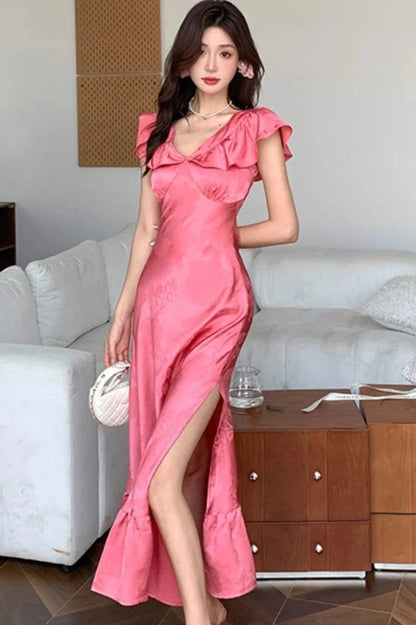 V-Neck Ruffles A-Line Maxi Dress