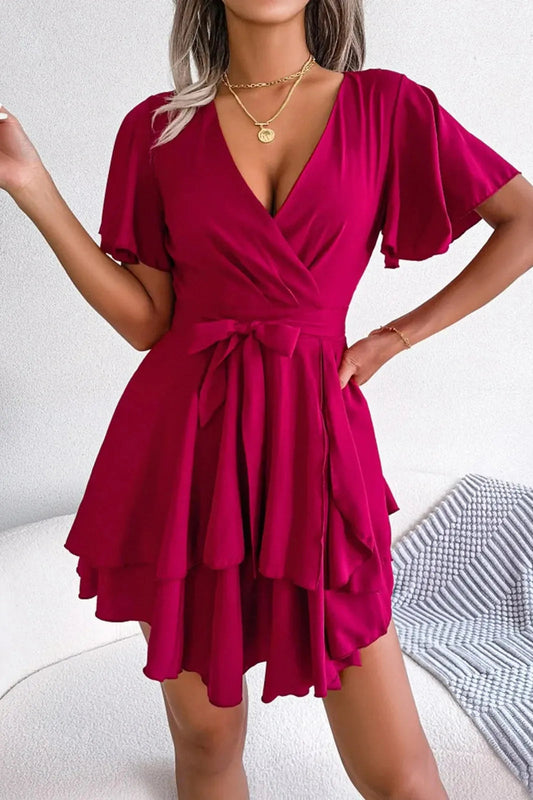 V Neck Ruffle Sleeve A-Line Mini Dress