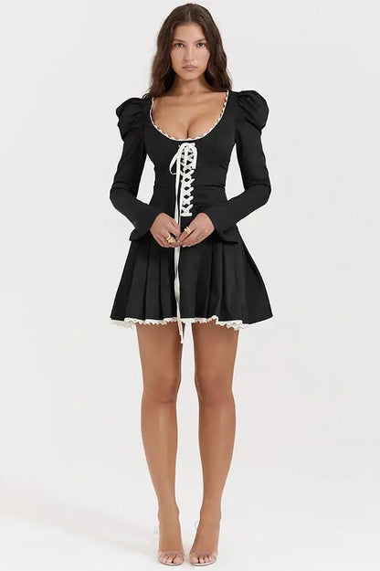 Lace Bandage Square Collar Ruched Mini Dress