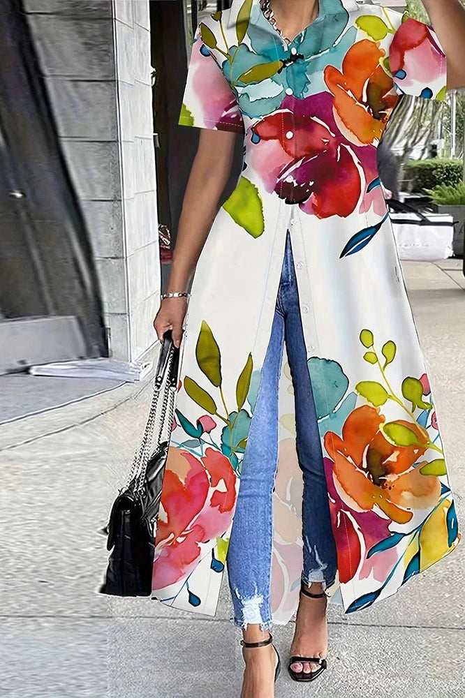 Elegant Short Sleeve Printed Maxi Dress