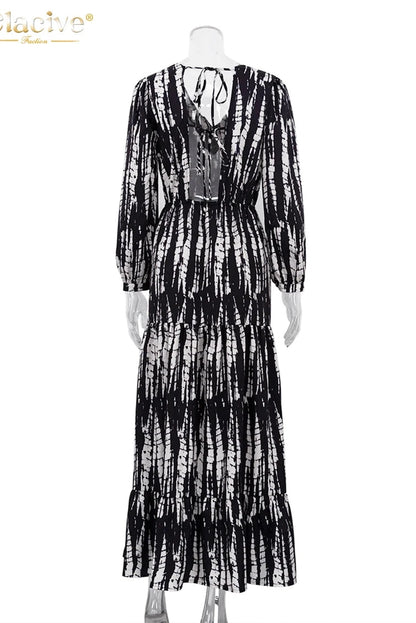 Print V-Neck Long Sleeve Maxi Dress