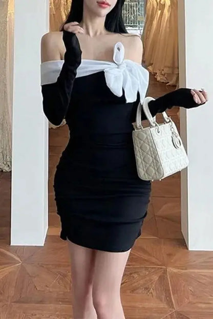 Off Shoulder Splice Bow Bodycon Mini Dress