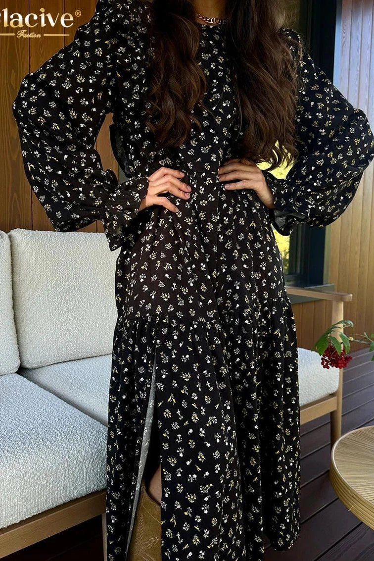 Print O-Neck Long Sleeve Midi Dress