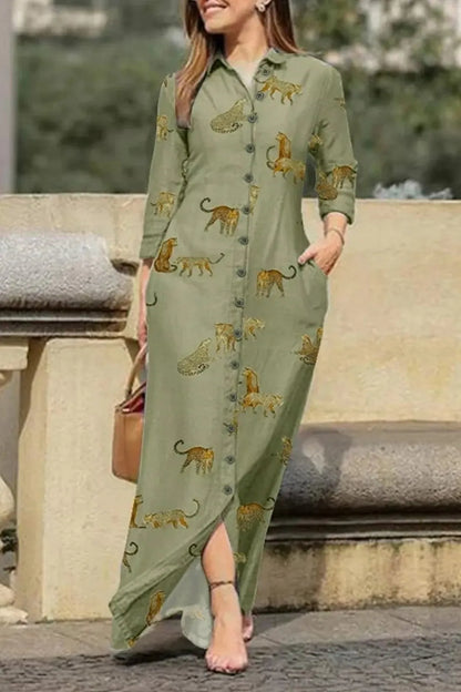 Elegant Printed V Neck Long Sleeve Maxi Dress