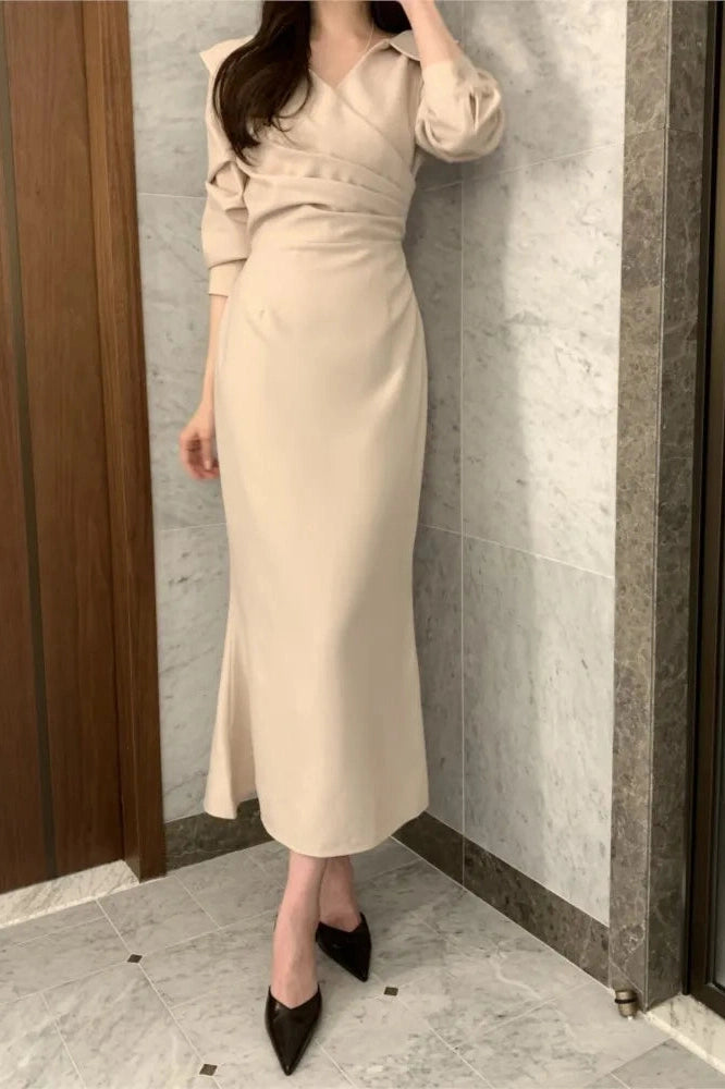 Elegant V-Neck Puff Sleeves Maxi Dress