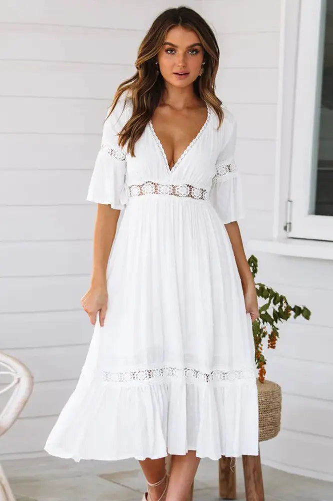 V-Neck Short Sleeve Midi Dress