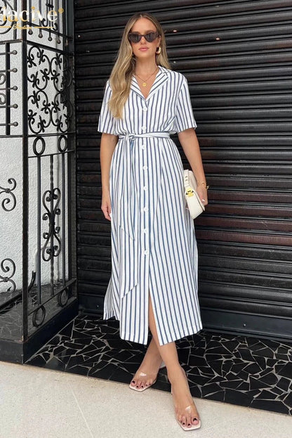 Stripe Print Short Sleeve Midi Dress