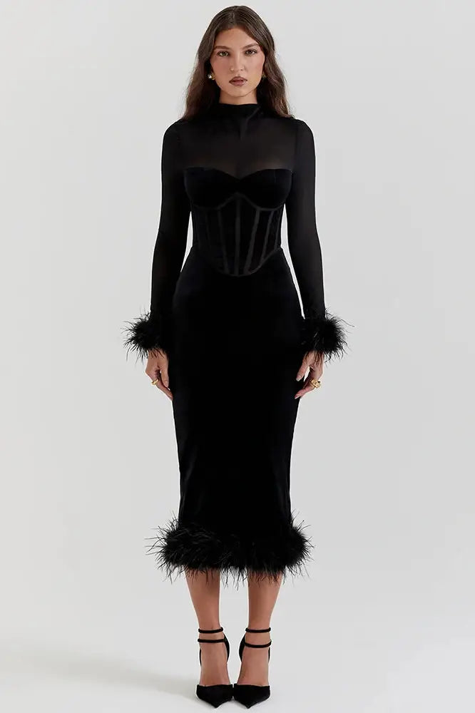 Chic Feather Sheer Long Sleeve Backless Maxi Dress