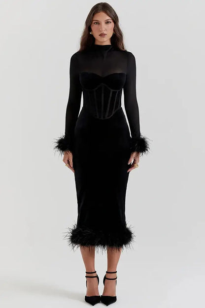 Chic Feather Sheer Long Sleeve Backless Maxi Dress