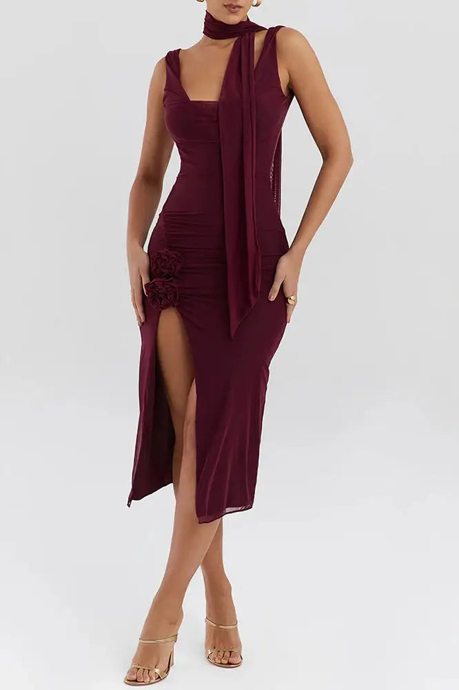 Two Layer Mesh Sleeveless High Split Sexy Midi Dress